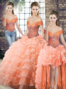 Fabulous Peach Sleeveless Beading and Ruffled Layers Lace Up Ball Gown Prom Dress