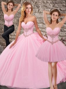 Pink Quince Ball Gowns Organza and Tulle Court Train Sleeveless Beading and Ruffles