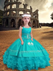 Exquisite Satin and Organza Straps Sleeveless Zipper Embroidery and Ruffled Layers Little Girls Pageant Dress in Aqua Bl