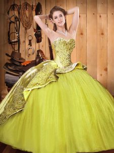 Yellow Green Ball Gowns Satin and Tulle Sweetheart Sleeveless Beading and Embroidery Lace Up Sweet 16 Dress Brush Train