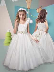 White A-line Scoop Sleeveless Tulle Floor Length Zipper Hand Made Flower Flower Girl Dresses for Less