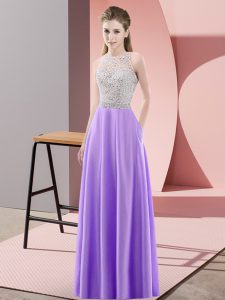Charming Lavender Empire Scoop Sleeveless Satin Floor Length Backless Beading Prom Dresses