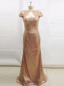 Dramatic Champagne Short Sleeves Sequins Backless Prom Gown