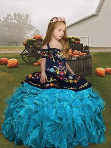 Super Floor Length Lace Up Kids Formal Wear Aqua Blue for Party and Wedding Party with Embroidery and Ruffles
