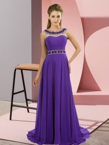 Dynamic Purple Scoop Neckline Beading Prom Dress Sleeveless Zipper