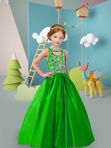Sleeveless Satin Floor Length Zipper Little Girls Pageant Gowns in Green with Beading