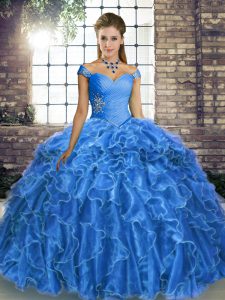 Extravagant Blue Lace Up Quinceanera Dresses Beading and Ruffles Sleeveless Brush Train