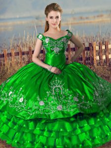 Sleeveless Satin Floor Length Lace Up Quince Ball Gowns in Green with Embroidery and Ruffled Layers