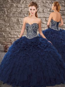 Sleeveless Organza Floor Length Lace Up 15 Quinceanera Dress in Navy Blue with Beading and Ruffles