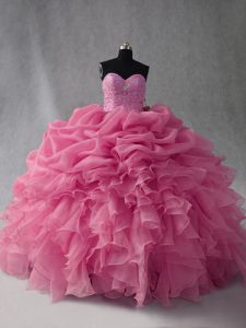 Flirting Rose Pink Sweetheart Lace Up Beading and Ruffles and Pick Ups Quinceanera Gown Sleeveless