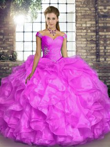 Lilac Lace Up 15th Birthday Dress Beading and Ruffles Sleeveless Floor Length