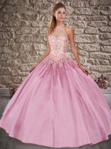 Sleeveless Satin Brush Train Lace Up 15th Birthday Dress in Rose Pink with Embroidery