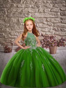 Customized Tulle Halter Top Sleeveless Sweep Train Lace Up Beading Girls Pageant Dresses in Green