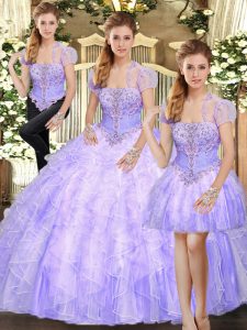 Cute Lavender Three Pieces Tulle Strapless Sleeveless Beading and Appliques and Ruffles Floor Length Lace Up 15 Quincean