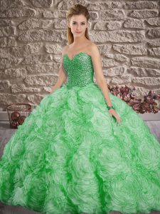 Admirable Green Fabric With Rolling Flowers Lace Up Sweetheart Sleeveless 15th Birthday Dress Brush Train Beading