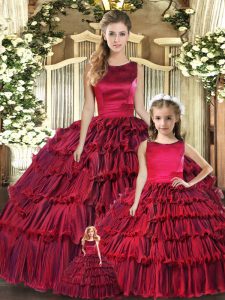 Unique Wine Red Scoop Neckline Ruffled Layers Ball Gown Prom Dress Sleeveless Lace Up