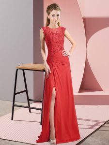 Great Sleeveless Floor Length Beading Zipper Evening Party Dresses with Red