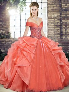 Elegant Orange Red Ball Gowns Beading and Ruffles Sweet 16 Dresses Lace Up Organza Sleeveless Floor Length