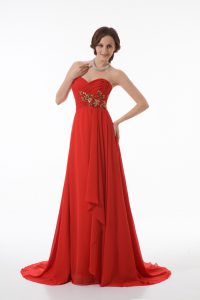 New Style Red Empire Chiffon Sweetheart Sleeveless Appliques and Ruching Zipper Prom Dresses Brush Train