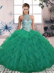 Ball Gowns 15 Quinceanera Dress Turquoise Halter Top Tulle Sleeveless Floor Length Lace Up
