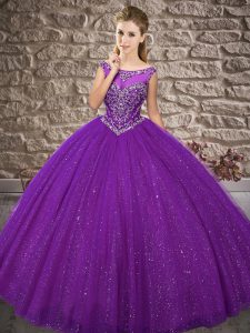 Purple Tulle Zipper Off The Shoulder Sleeveless Floor Length Quinceanera Dresses Beading