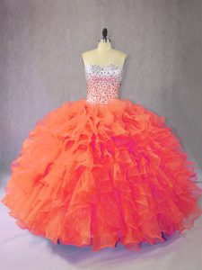 Sweetheart Sleeveless Sweet 16 Quinceanera Dress Floor Length Beading and Ruffles Orange Organza
