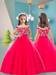 Red Off The Shoulder Zipper Embroidery Kids Pageant Dress Sleeveless