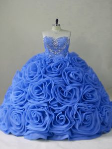 Customized Blue Ball Gowns Sweetheart Sleeveless Organza Brush Train Lace Up Beading Sweet 16 Quinceanera Dress