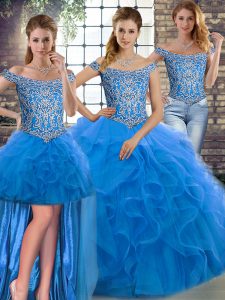 New Arrival Brush Train Three Pieces Quinceanera Dress Blue Off The Shoulder Tulle Sleeveless Lace Up