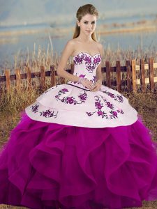 Fashion Fuchsia Tulle Lace Up Quinceanera Dress Sleeveless Floor Length Embroidery and Ruffles and Bowknot