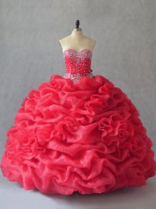 Delicate Floor Length Lace Up Quinceanera Dresses Coral Red for Sweet 16 and Quinceanera with Beading and Pick Ups