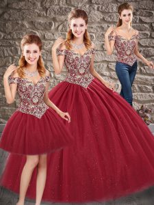 Wine Red Quinceanera Gown Military Ball and Sweet 16 and Quinceanera with Beading Off The Shoulder Sleeveless Lace Up