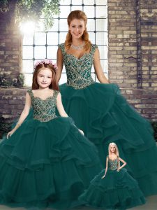 Floor Length Peacock Green Sweet 16 Dress Straps Sleeveless Lace Up