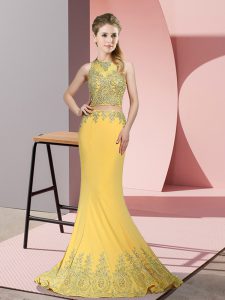 New Style Sleeveless Satin Sweep Train Zipper Party Dress Wholesale in Gold with Beading and Appliques