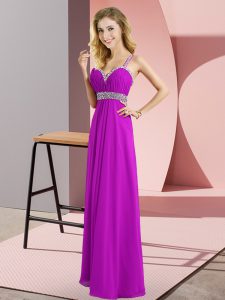 Sleeveless Floor Length Beading Criss Cross Homecoming Dresses with Purple