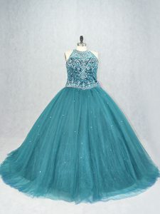 Beauteous Teal Ball Gowns Beading Quinceanera Gown Lace Up Tulle Sleeveless