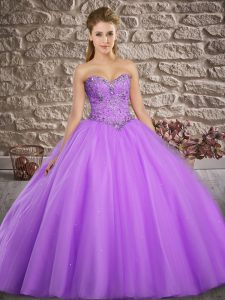 Classical Lavender Ball Gowns Tulle Sweetheart Sleeveless Beading Floor Length Lace Up Sweet 16 Dresses