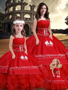 Strapless Sleeveless Lace Up Quinceanera Gowns Red Satin