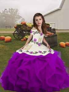 Customized Purple Lace Up Girls Pageant Dresses Embroidery and Ruffles Sleeveless Floor Length