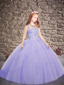 Lavender Girls Pageant Dresses Wedding Party with Appliques Straps Sleeveless Brush Train Lace Up