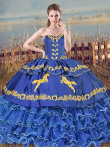 Blue Ball Gowns Embroidery and Ruffled Layers 15th Birthday Dress Lace Up Organza Sleeveless