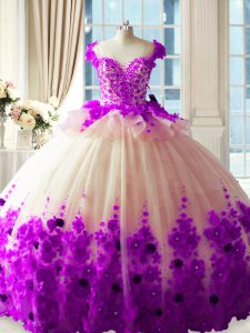 High End White And Purple Sleeveless Brush Train Hand Made Flower Sweet 16 Quinceanera Dress