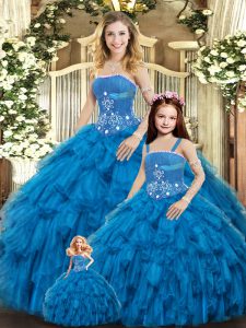 Floor Length Blue 15 Quinceanera Dress Tulle Sleeveless Beading and Ruffles