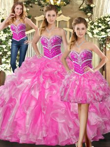 Rose Pink Sleeveless Organza Lace Up Quinceanera Dress for Sweet 16 and Quinceanera
