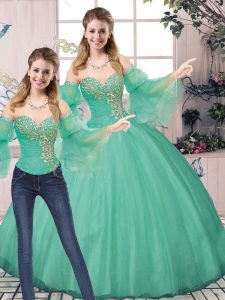 Tulle Sweetheart Sleeveless Lace Up Beading Vestidos de Quinceanera in Turquoise