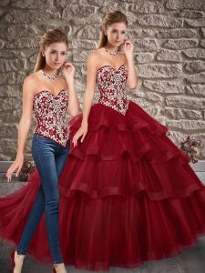 Deluxe Sleeveless Embroidery and Ruffled Layers Lace Up Quinceanera Gown with Wine Red Brush Train