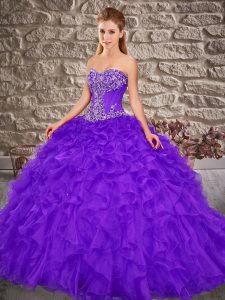 Sleeveless Organza Brush Train Lace Up Quinceanera Gown in Purple with Beading and Ruffles