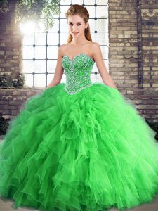 Charming Green Tulle Lace Up Sweet 16 Dress Sleeveless Floor Length Beading and Ruffles