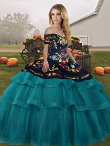 Glamorous Teal Quinceanera Dresses Off The Shoulder Sleeveless Brush Train Lace Up