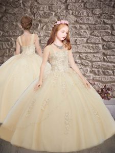 New Arrival Straps Sleeveless Brush Train Lace Up Little Girls Pageant Gowns Champagne Tulle